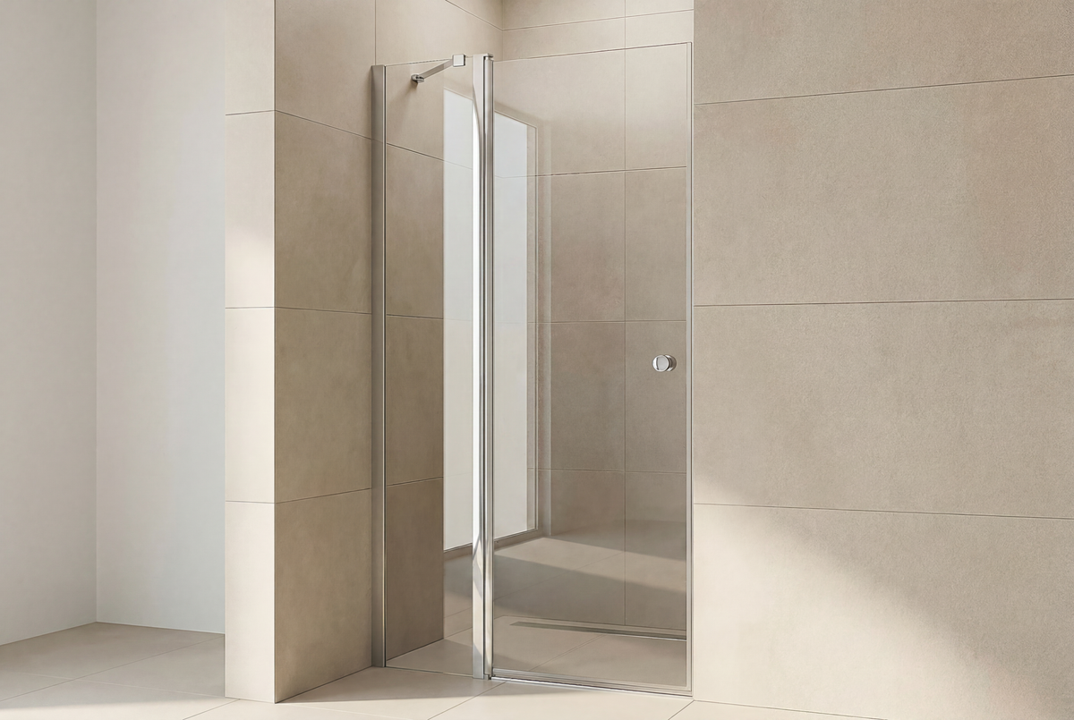 Match Drehtür mit festem Seitenteil, glänzend verchromtes Aluminium-Profil und klares 6 mm ESG-Glas