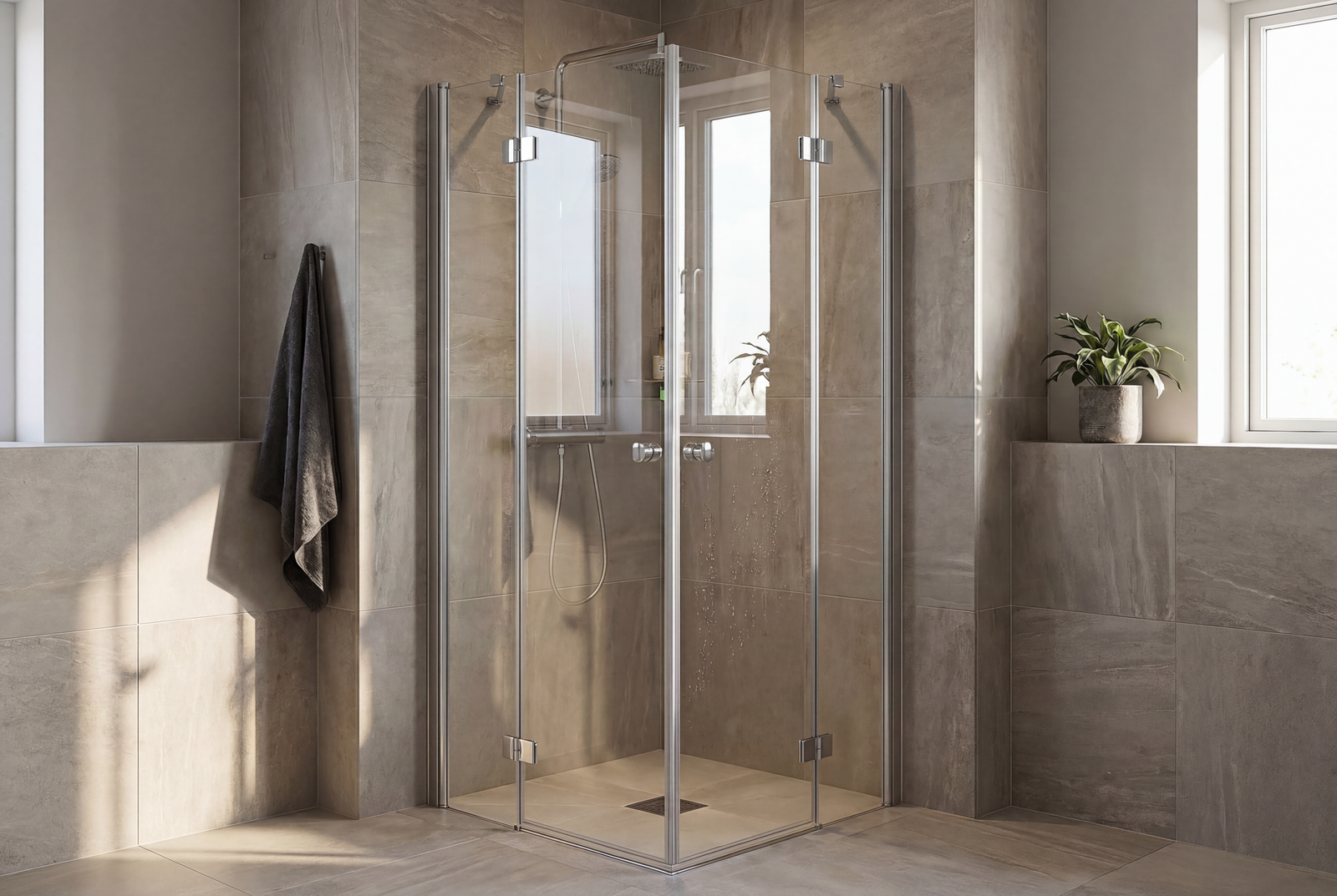 Match Eckdusche mit zwei Drehtüren, glänzend verchromtes Aluminium-Profil und klares 6 mm ESG-Glas