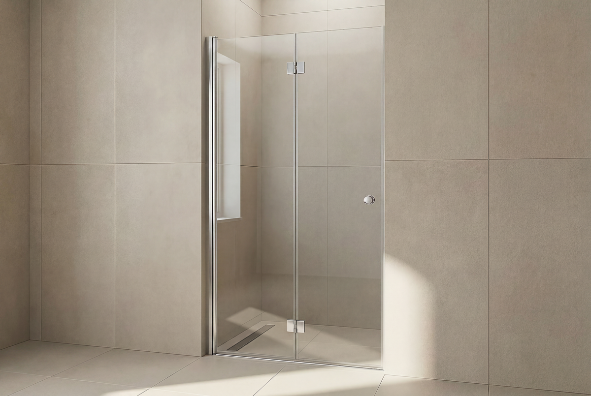 Match Falttür für die Nische mit glänzend verchromtem Aluminium-Profil und klarem 6 mm ESG-Glas