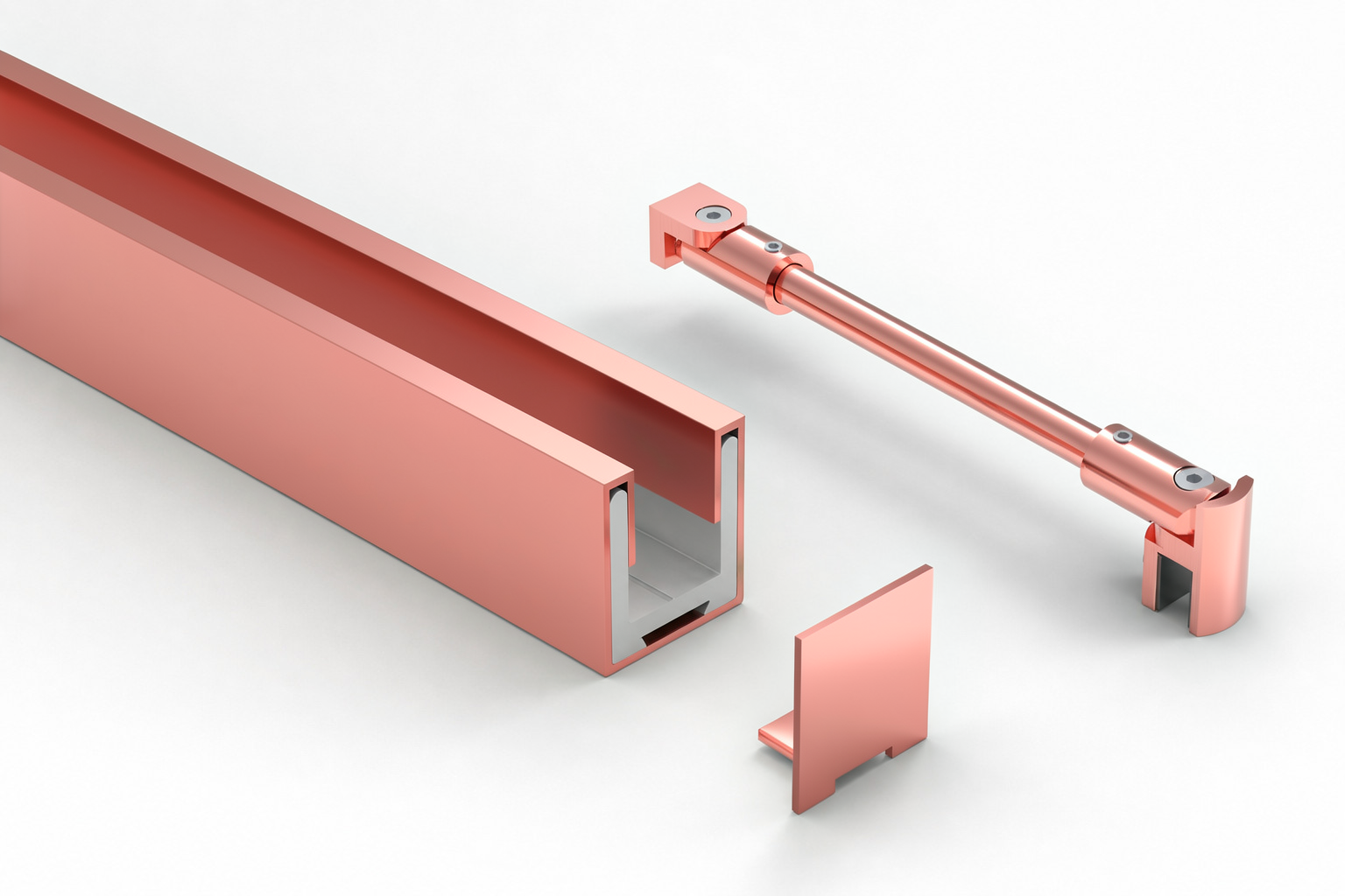 Komplett-Set in Rosé Gold poliert: U-Profil mit Edelstahlmantel, Endkappe und Stabilisierungsstange rund Ø 12 mm