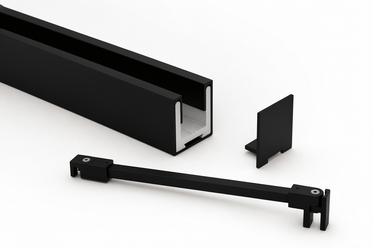 Komplett-Set in Schwarz matt: U-Profil mit Edelstahlmantel, Endkappe und Stabilisierungsstange eckig 12×12 mm
