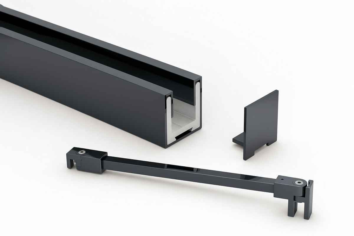 Komplett-Set in Graphit poliert: U-Profil mit Edelstahlmantel, Endkappe und Stabilisierungsstange eckig 12×12 mm