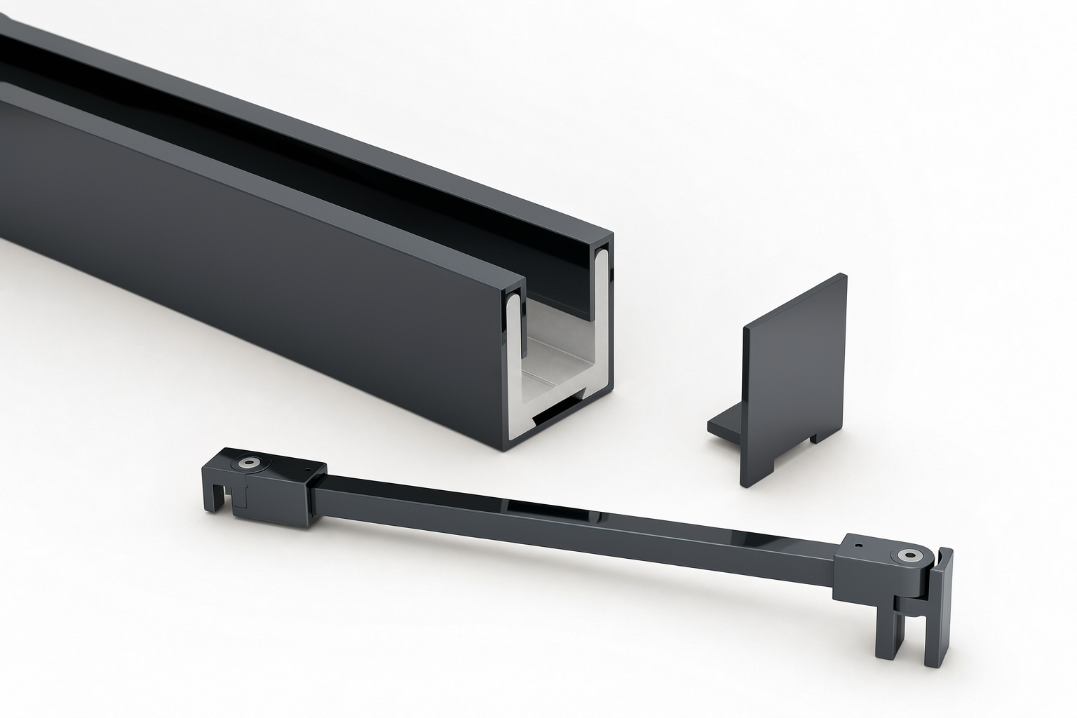 Komplett-Set in Graphit poliert: U-Profil mit Edelstahlmantel, Endkappe und Stabilisierungsstange eckig 12×12 mm
