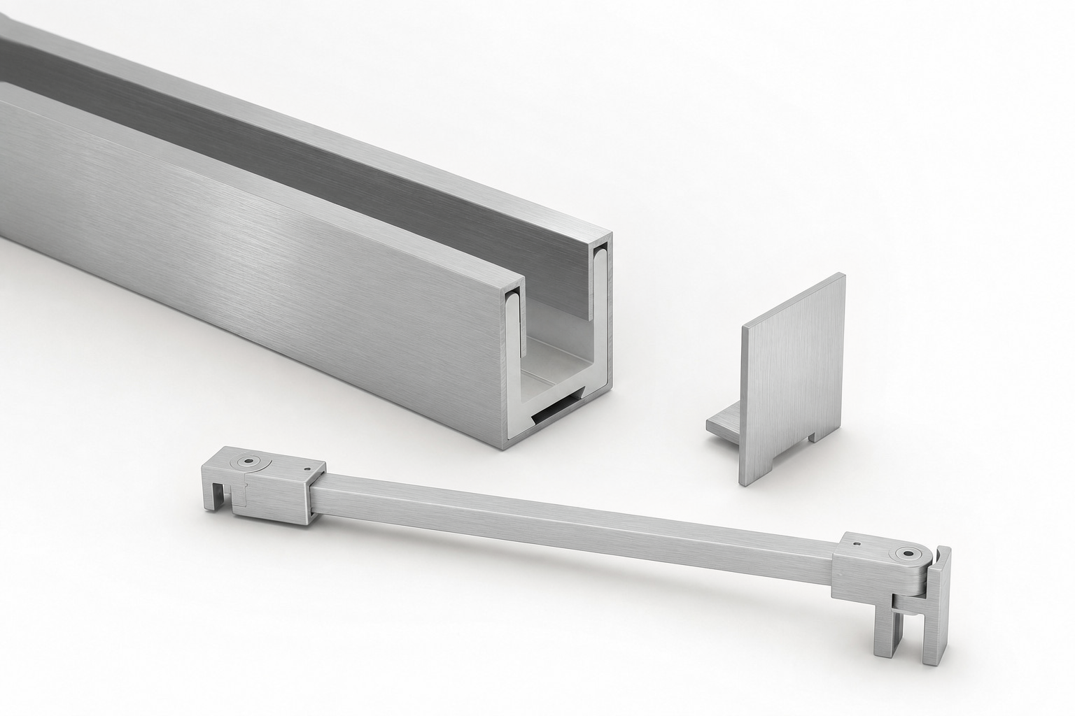 Komplett-Set in Edelstahl gebürstet: U-Profil mit Edelstahlmantel, Endkappe und Stabilisierungsstange eckig 12×12 mm