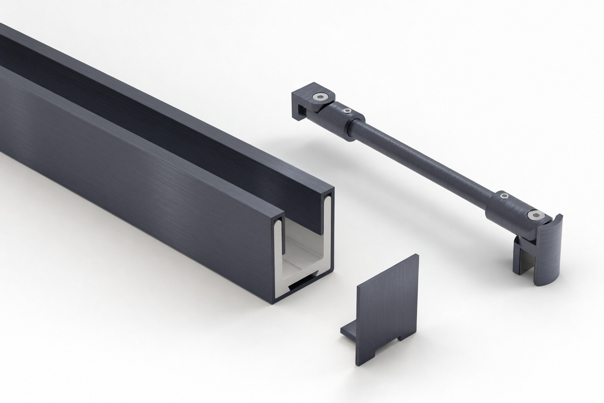 Komplett-Set in Graphit gebürstet: U-Profil mit Edelstahlmantel, Endkappe und Stabilisierungsstange rund Ø 12 mm