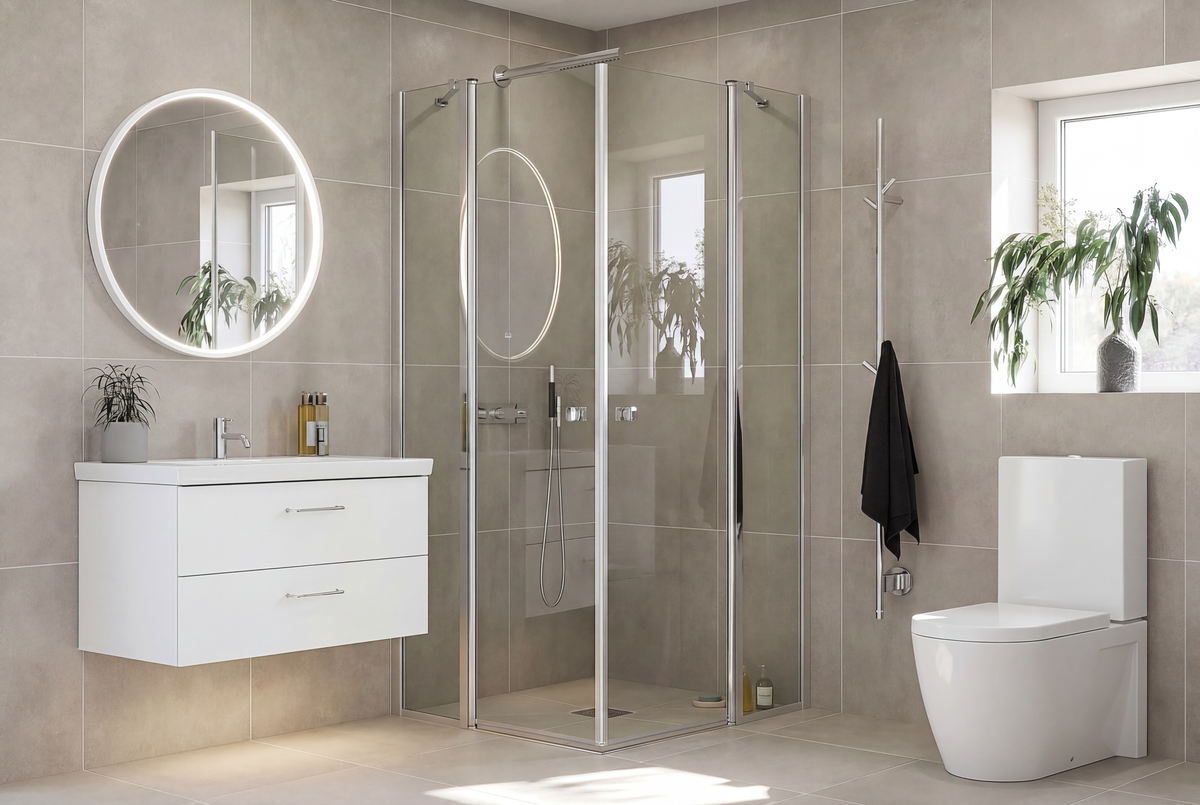 Match Eckdusche mit zwei Falttüren, glänzend verchromtes Aluminium-Profil und klares 6 mm ESG-Glas