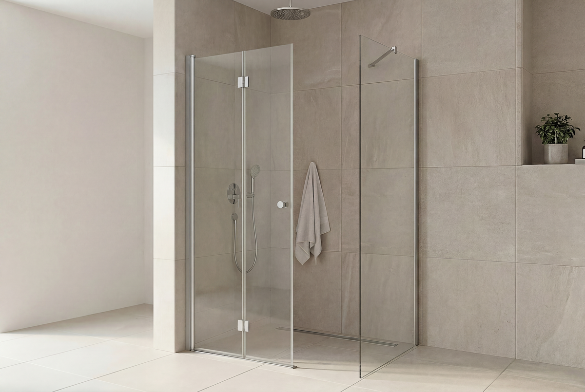 Match Eckdusche Falttür mit Seitenwand, glänzend verchromtes Aluminium-Profil und klares 6 mm ESG-Glas