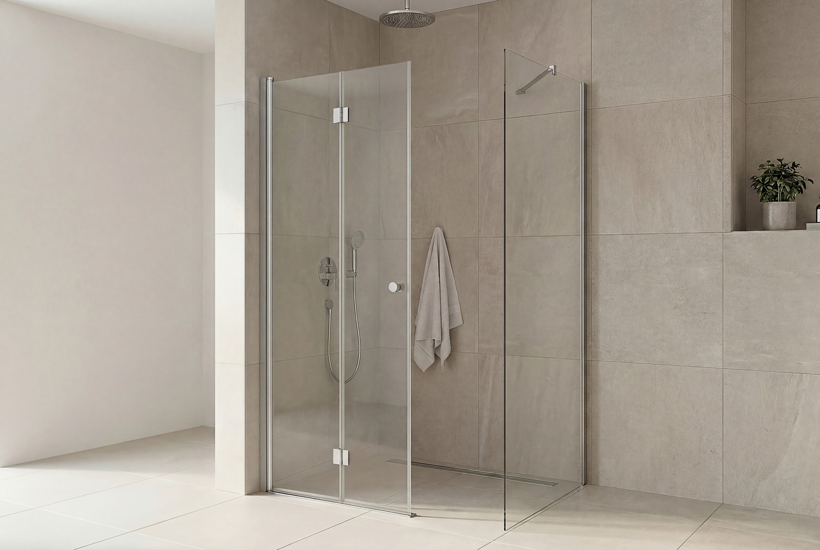 Match Eckdusche Falttür mit Seitenwand, glänzend verchromtes Aluminium-Profil und klares 6 mm ESG-Glas