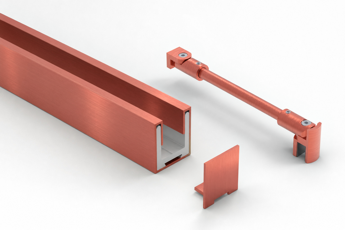 Komplett-Set in Kupfer gebürstet: U-Profil mit Edelstahlmantel, Endkappe und Stabilisierungsstange rund Ø 12 mm