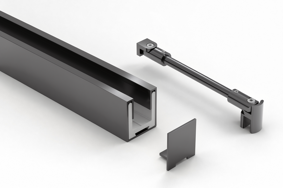 Komplett-Set in Graphit poliert: U-Profil mit Edelstahlmantel, Endkappe und Stabilisierungsstange rund Ø 12 mm