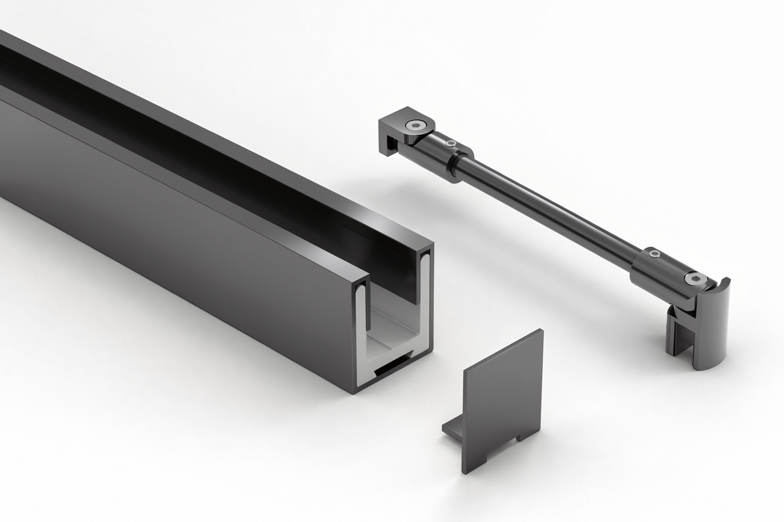 Komplett-Set in Graphit poliert: U-Profil mit Edelstahlmantel, Endkappe und Stabilisierungsstange rund Ø 12 mm