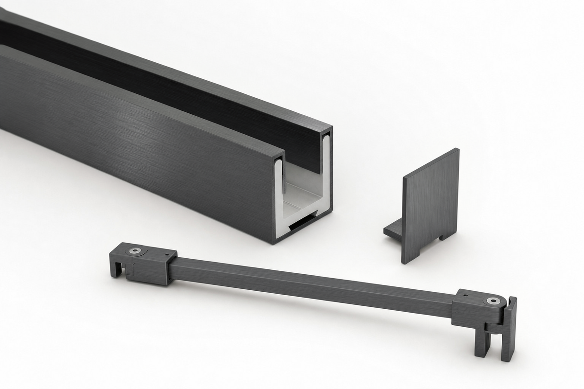 Komplett-Set in Graphit gebürstet: U-Profil mit Edelstahlmantel, Endkappe und Stabilisierungsstange eckig 12×12 mm
