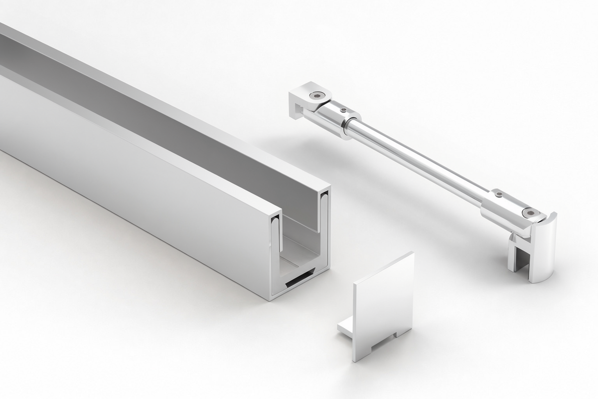 Komplett-Set in Chrom glänzend: U-Profil mit Edelstahlmantel, Endkappe und Stabilisierungsstange rund Ø 12 mm
