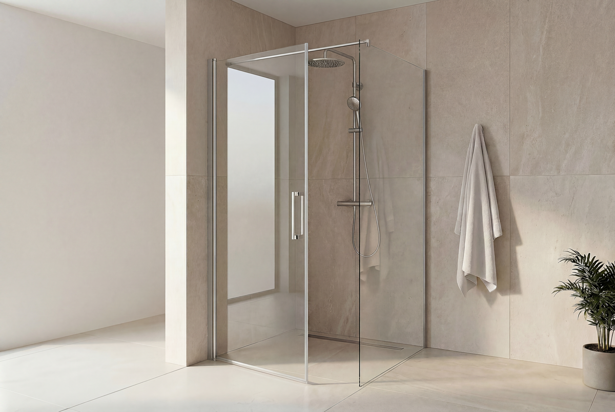 Match Eckdusche Drehtür mit Seitenwand, glänzend verchromtes Aluminium-Profil und klares 6 mm ESG-Glas
