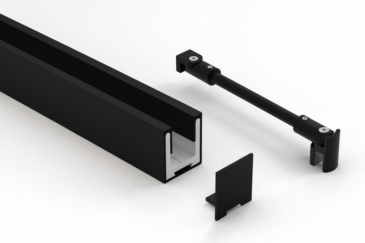 Komplett-Set in Schwarz matt: U-Profil mit Edelstahlmantel, Endkappe und Stabilisierungsstange rund Ø 12 mm