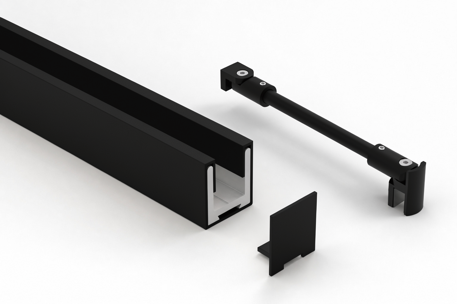 Komplett-Set in Schwarz matt: U-Profil mit Edelstahlmantel, Endkappe und Stabilisierungsstange rund Ø 12 mm