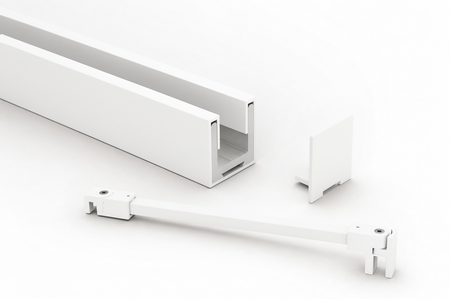 Komplett-Set in Weiß matt: U-Profil mit Edelstahlmantel, Endkappe und Stabilisierungsstange eckig 12×12 mm