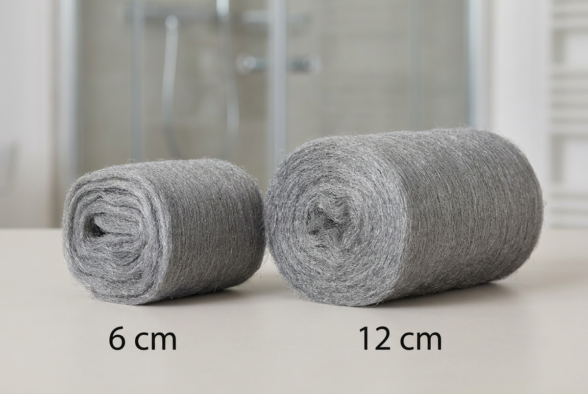 Breitenvergleich Stahlwolle Typ 0000: 6 cm und 12 cm breites Band