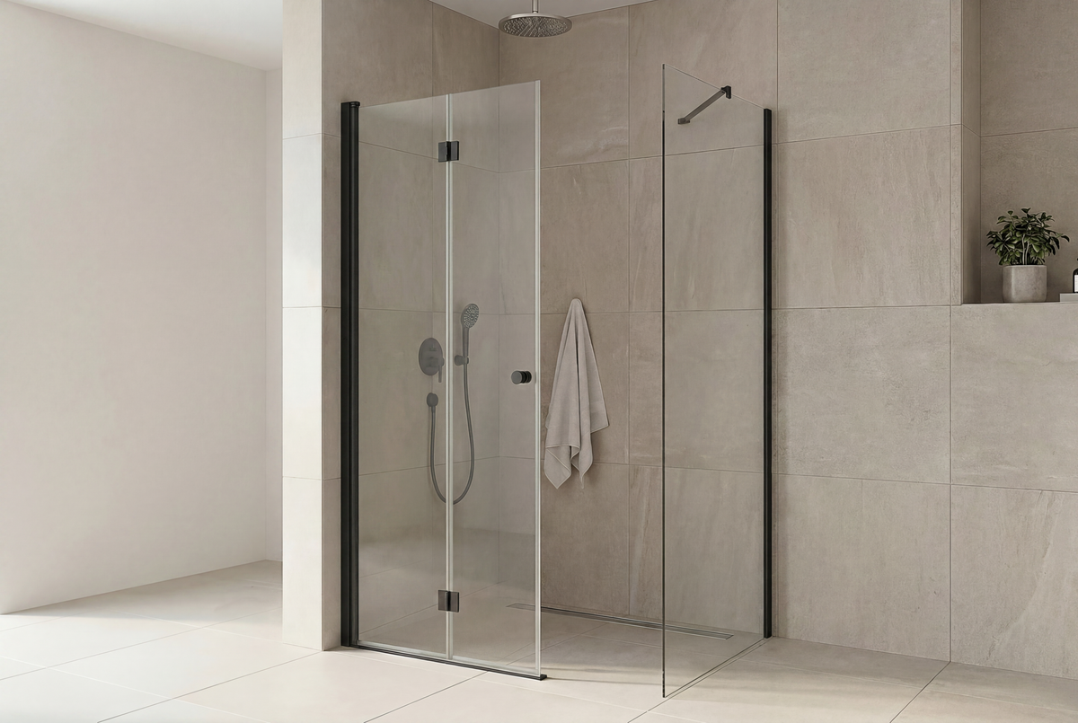 Match Eckdusche Falttür mit Seitenwand, mattschwarzes Aluminium-Profil und klares 6 mm ESG-Glas