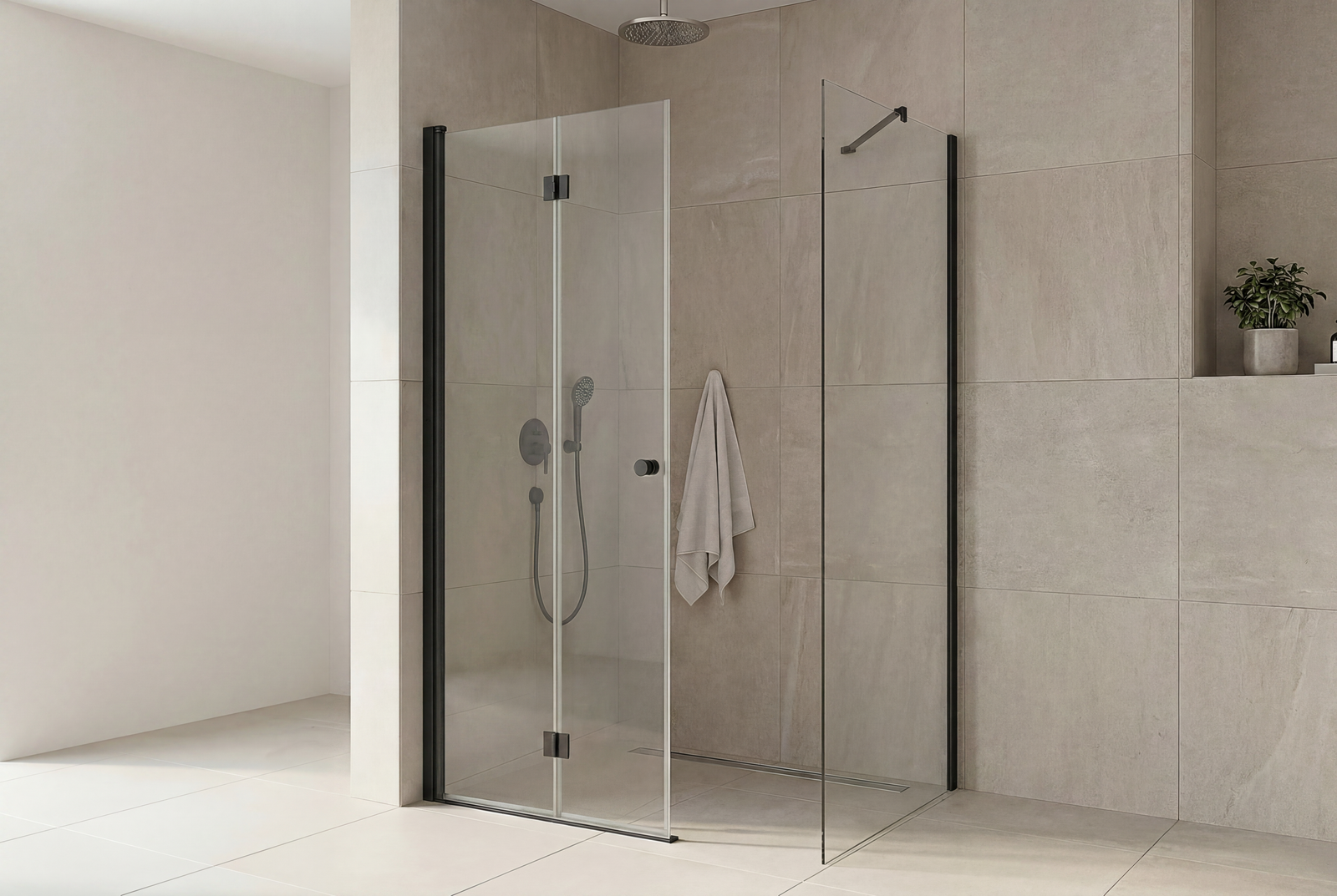 Match Eckdusche Falttür mit Seitenwand, mattschwarzes Aluminium-Profil und klares 6 mm ESG-Glas