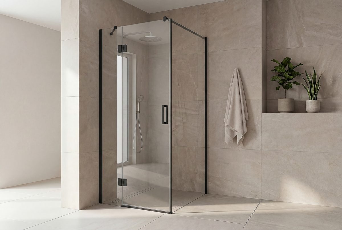 Match Walk-in Duschwand mit mattschwarzem Aluminium-Profil und klarem 6 mm ESG-Glas