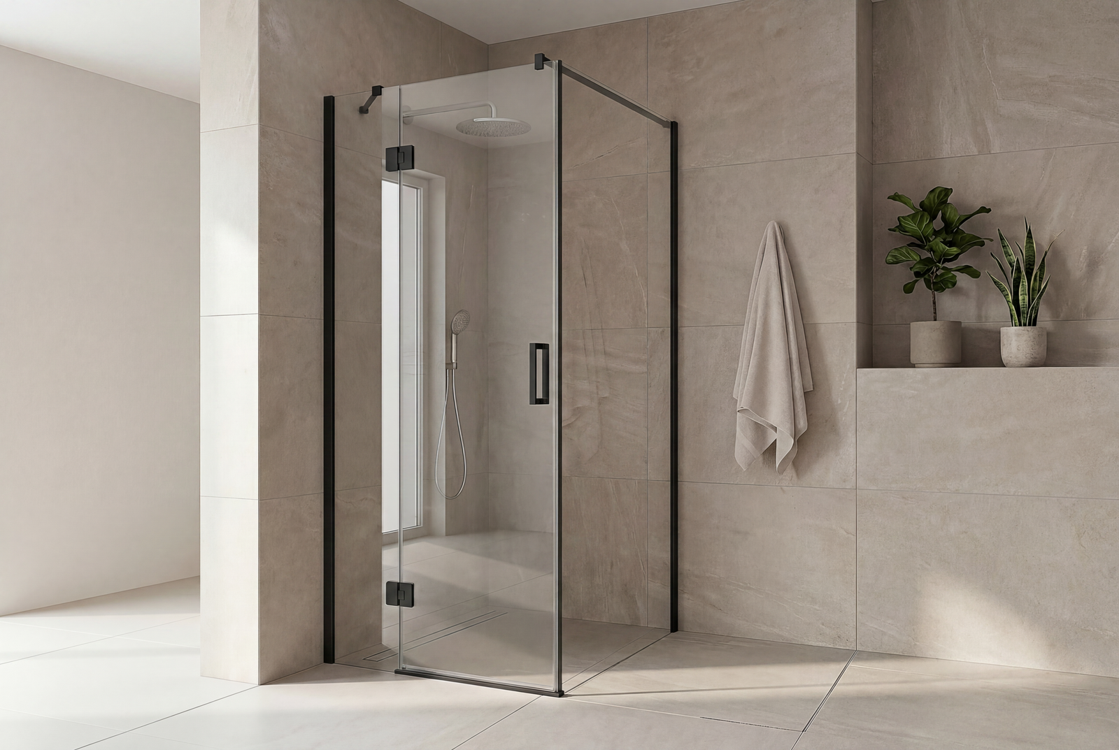 Match Walk-in Duschwand mit mattschwarzem Aluminium-Profil und klarem 6 mm ESG-Glas