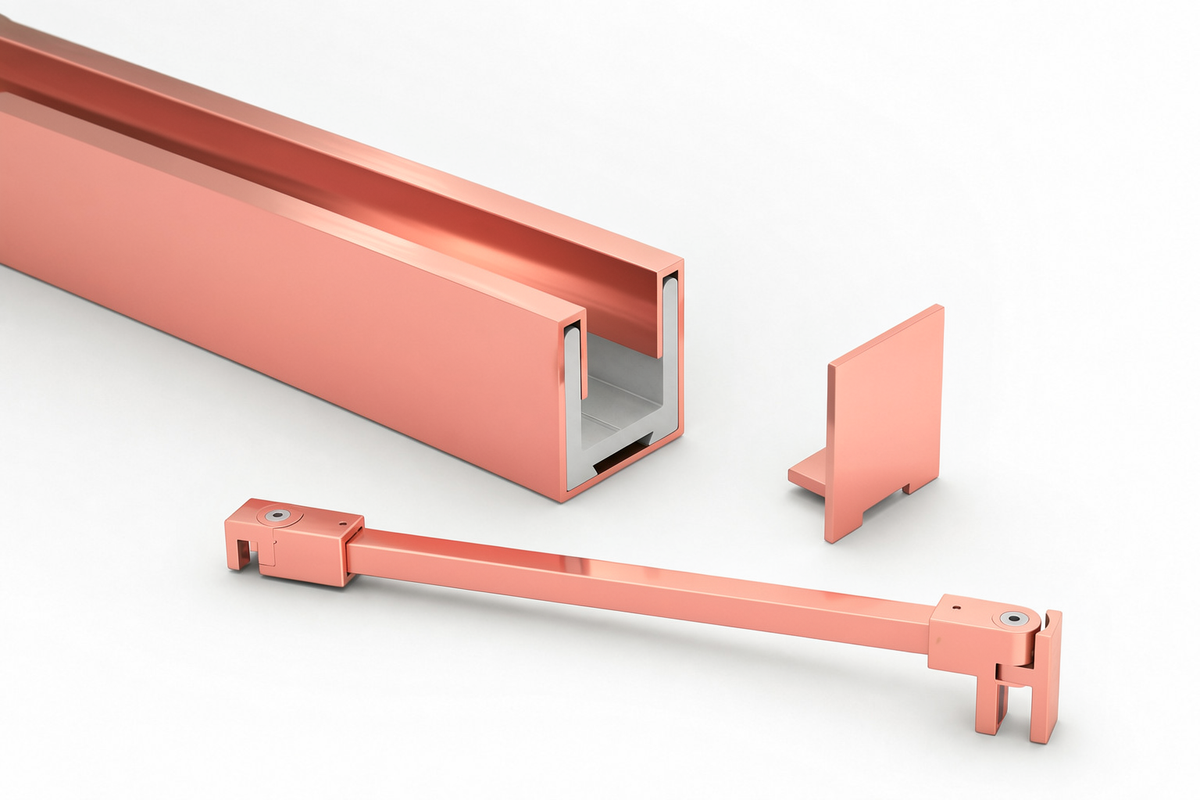 Komplett-Set in Rosé Gold poliert: U-Profil mit Edelstahlmantel, Endkappe und Stabilisierungsstange eckig 12×12 mm
