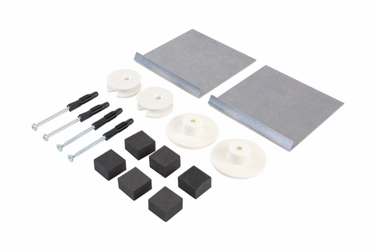 safeclix Spiegelbefestigungs-Set, Lieferumfang mit Spiegelblechen, Exzenterscheiben, Druckknöpfen, Abstandhaltern, Schrauben und Dübeln