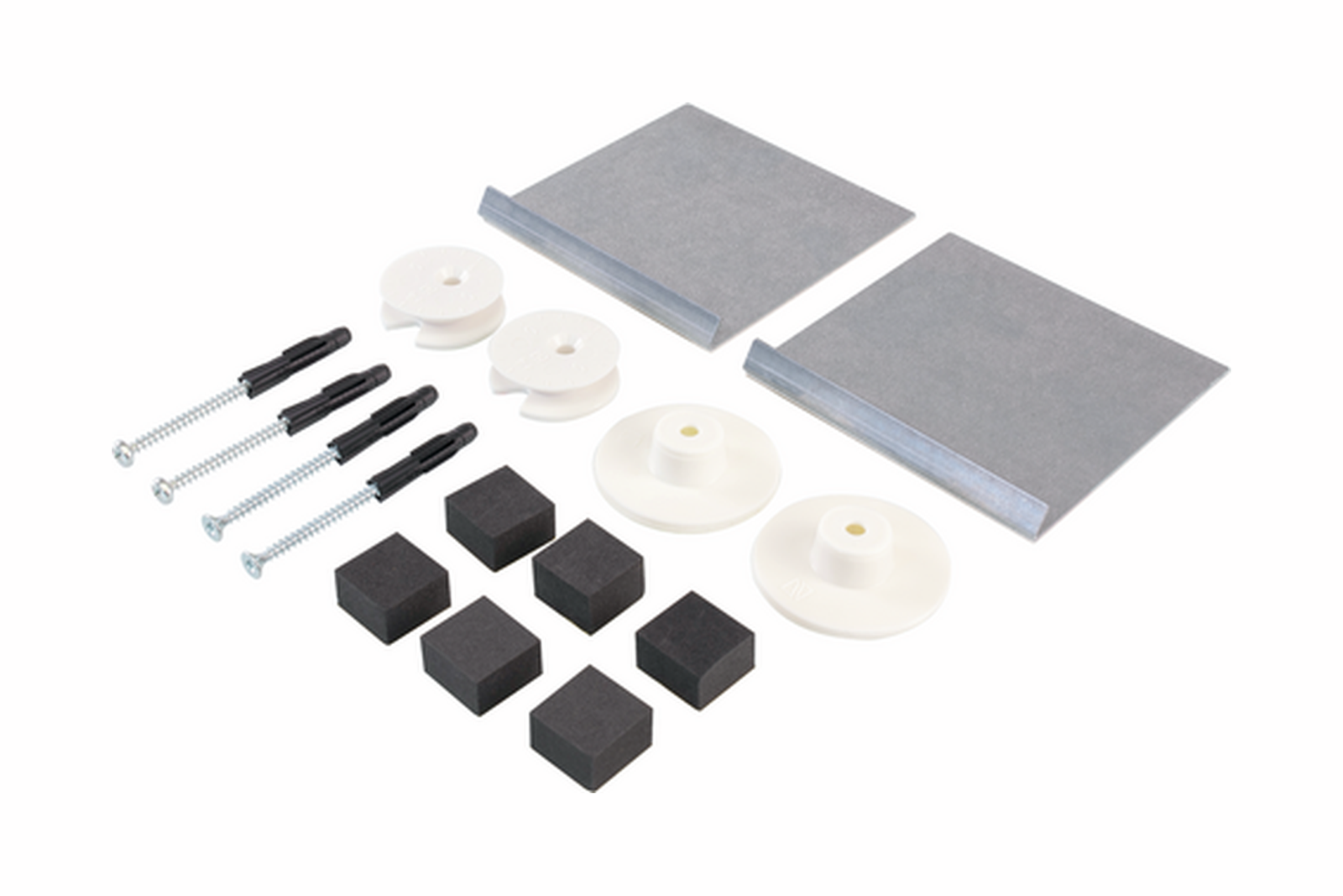 safeclix Spiegelbefestigungs-Set, Lieferumfang mit Spiegelblechen, Exzenterscheiben, Druckknöpfen, Abstandhaltern, Schrauben und Dübeln