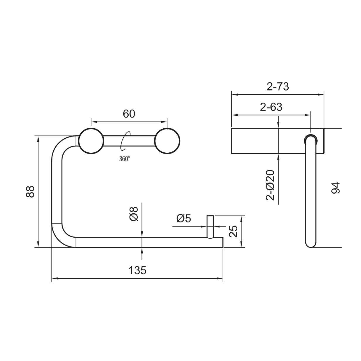 ScandTap Style Toilettenpapierhalter, Maßzeichnung