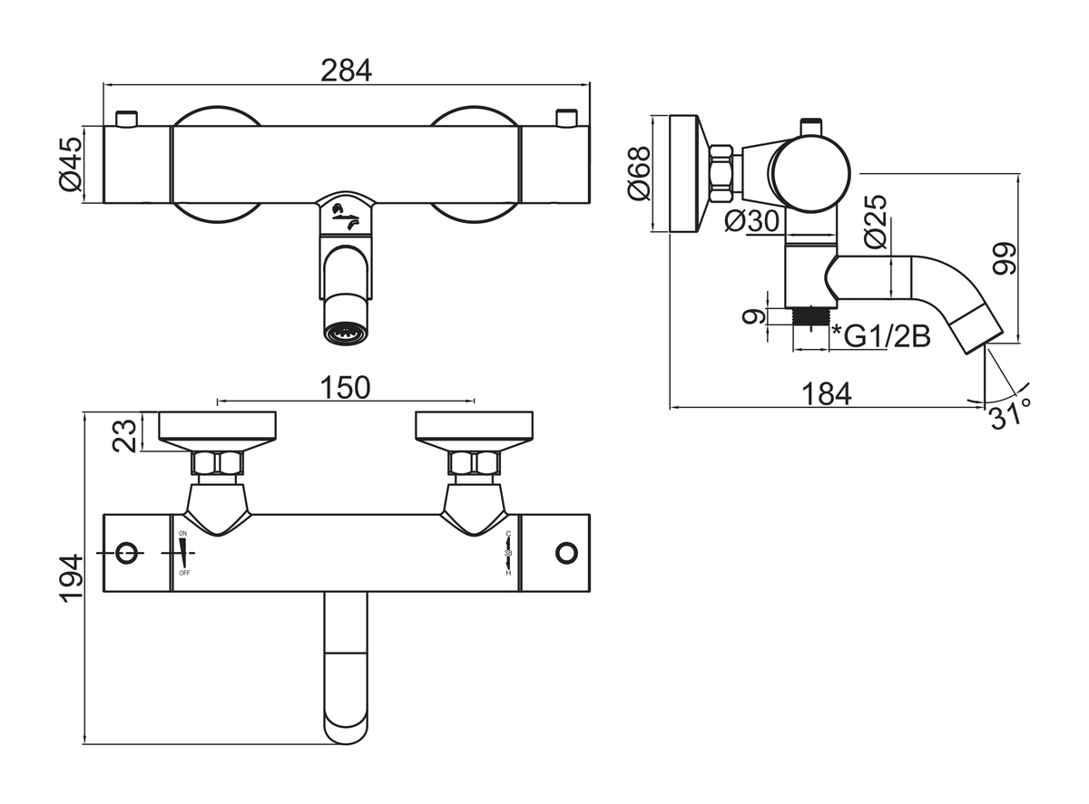 ScandTap Pleasure 4 Wannenthermostat Aufputz, Edelstahl gebürstet, Maßzeichnung