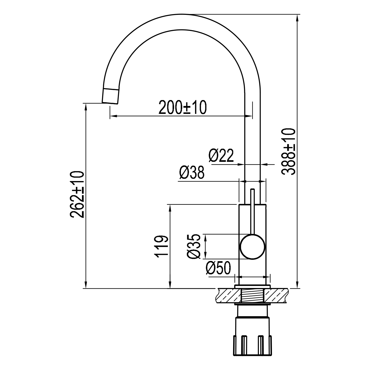 ScandTap Equip Küchenarmatur, Maßzeichnung