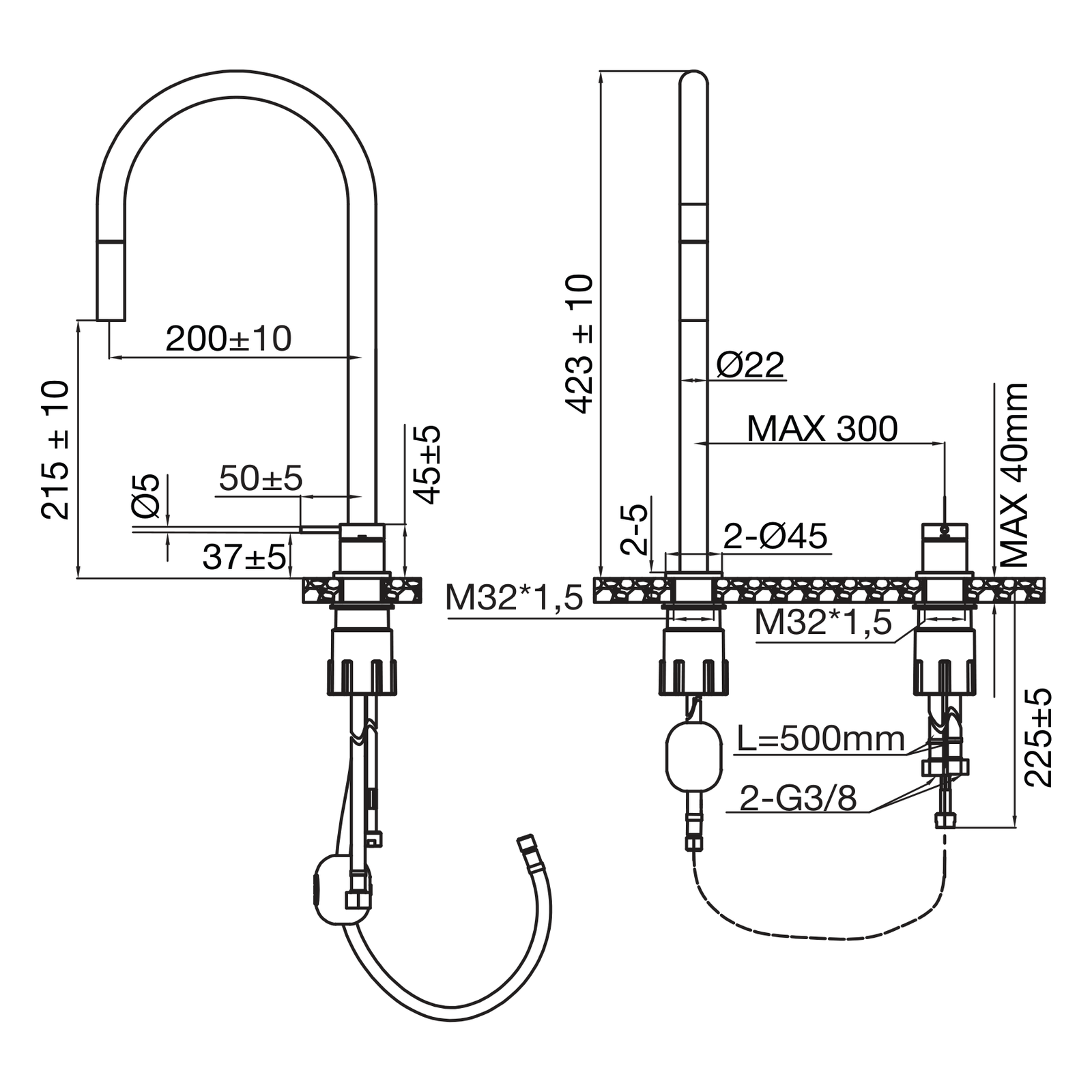 ScandTap Harmonized K2P Küchenarmatur, Maßzeichnung