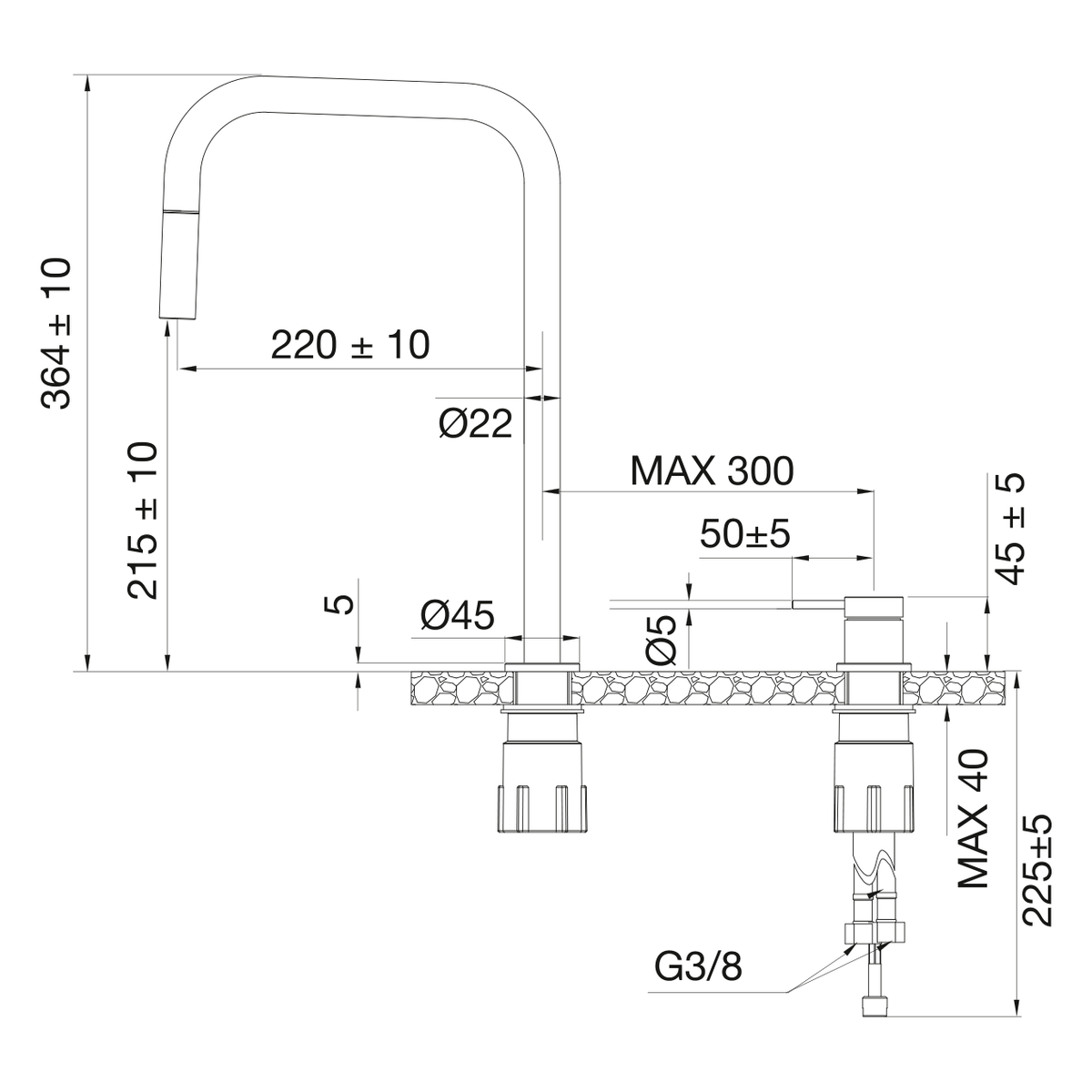 ScandTap Harmonized K2P Square Küchenarmatur, Maßzeichnung
