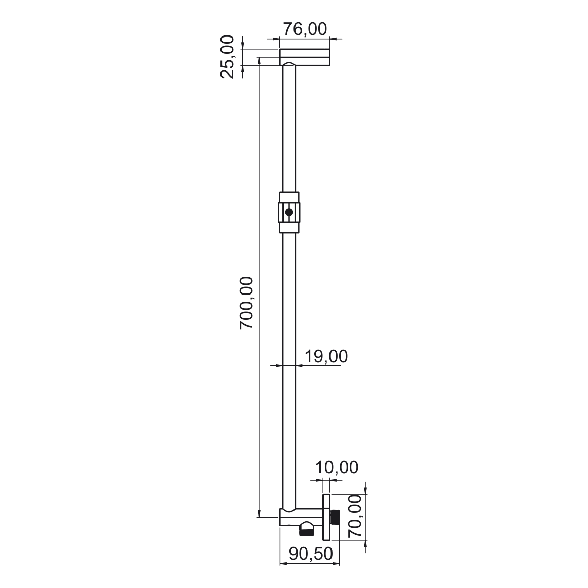 ScandTap Harmonized Duschstange, Maßzeichnung