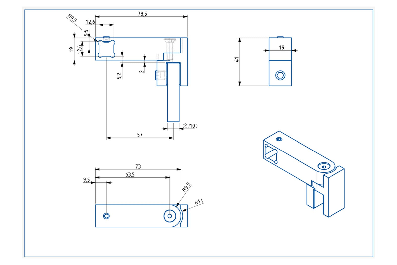 Maßzeichnung T-Verbinder eckig 12 x 12 mm: Grundkörper 73 mm lang, 19 x 19 mm, durchgehende Vierkantaufnahme 12,6 mm, Gesamthöhe 41 mm, Glasklemme für 8 bis 10 mm Glas