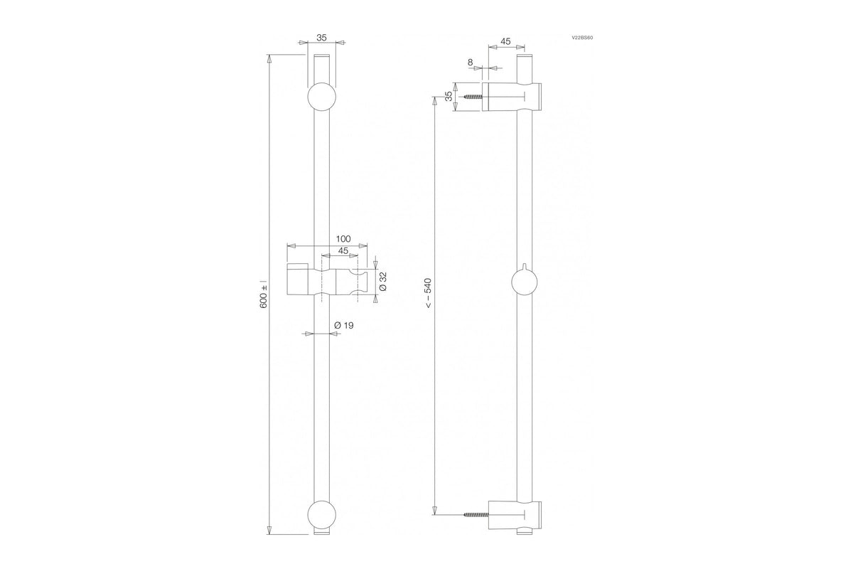 Maßzeichnung Vigour V2 Brausestange 60 cm, Rohr Ø 19 mm, Bohrabstand 540 mm, Art.Nr. V22BS60