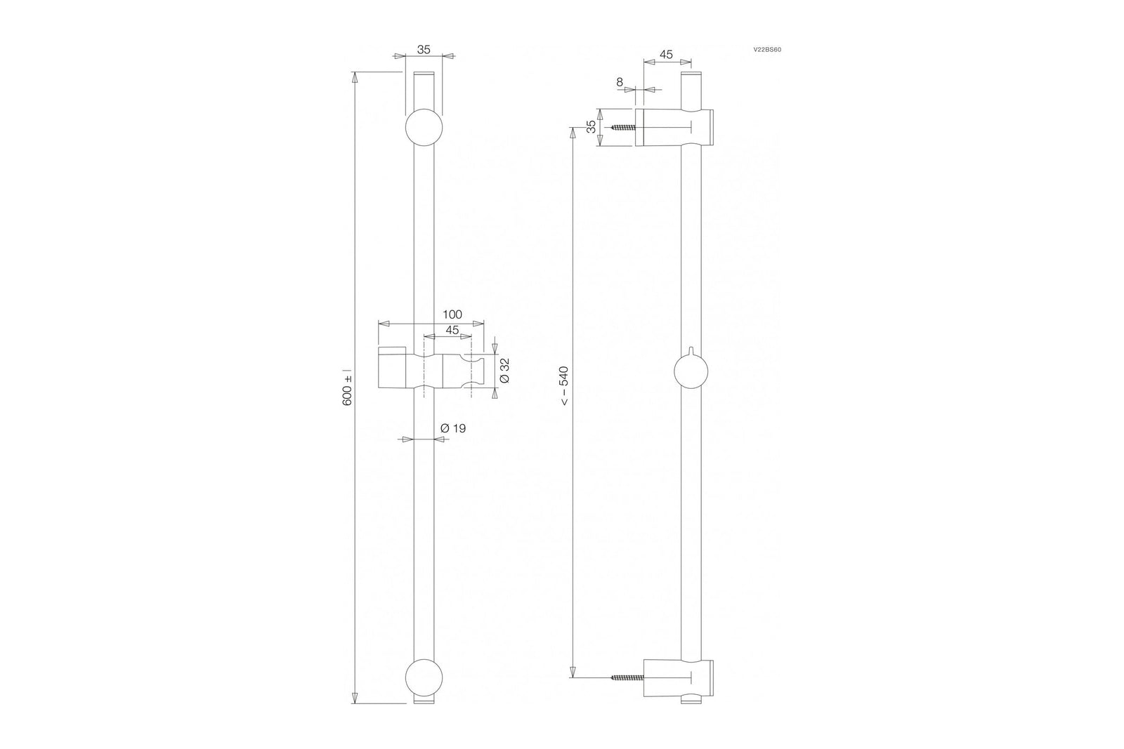 Maßzeichnung Vigour V2 Brausestange 60 cm, Rohr Ø 19 mm, Bohrabstand 540 mm, Art.Nr. V22BS60