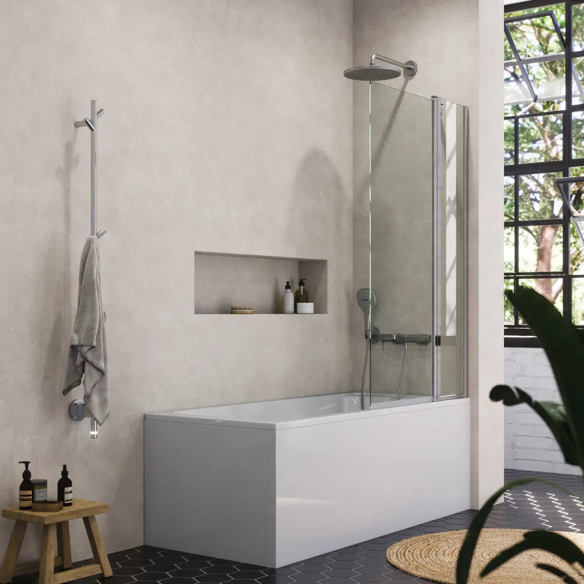 Match Badewannenaufsatz aus Glas, Drehtür mit Festteil über der Wanne