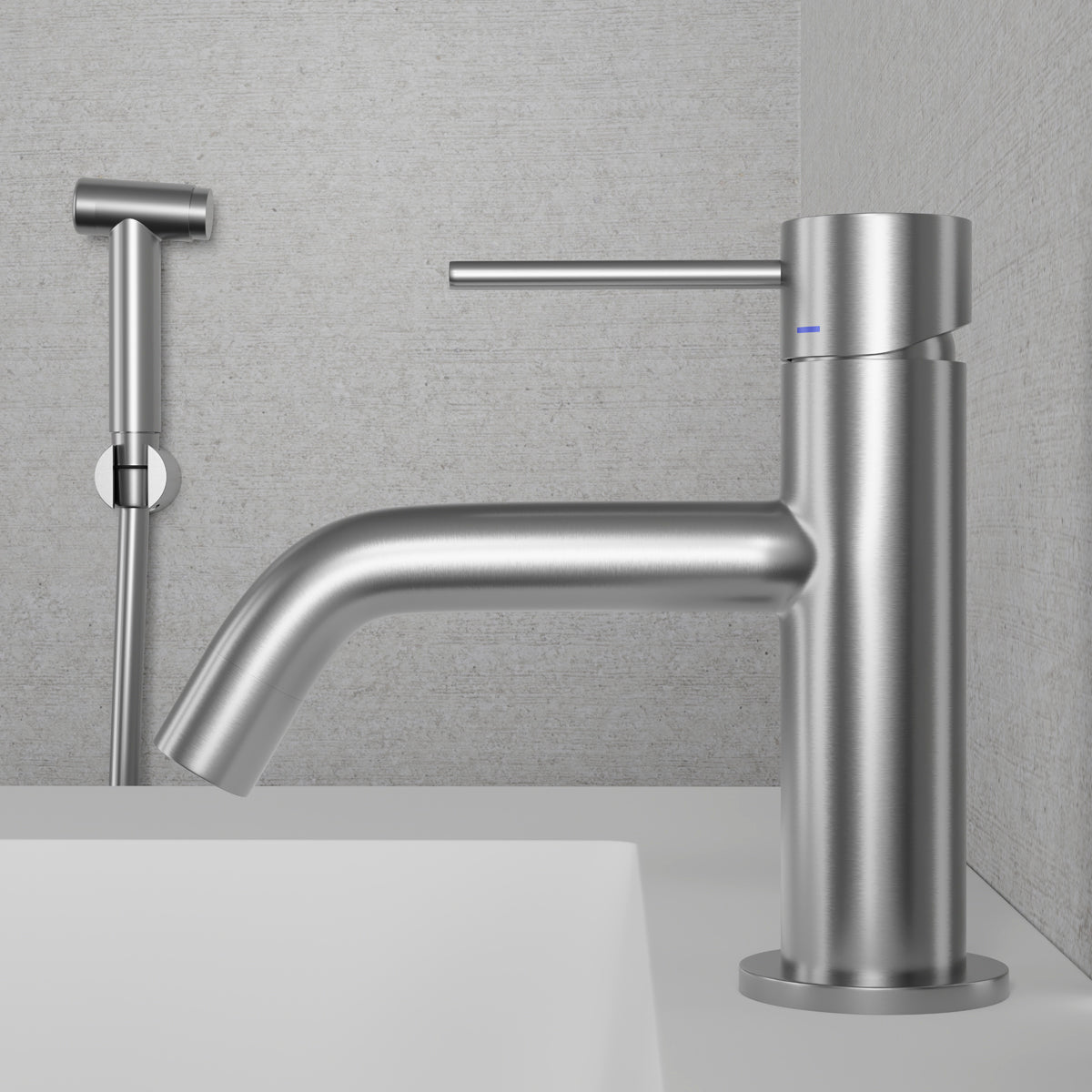 ScandTap Voyage B Waschtischarmatur mit Bidet-Düse, Edelstahl gebürstet, Originalfoto