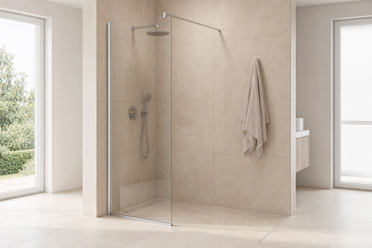 Match Walk-in Duschwand mit glänzend verchromtem Aluminium-Profil und klarem 6 mm ESG-Glas