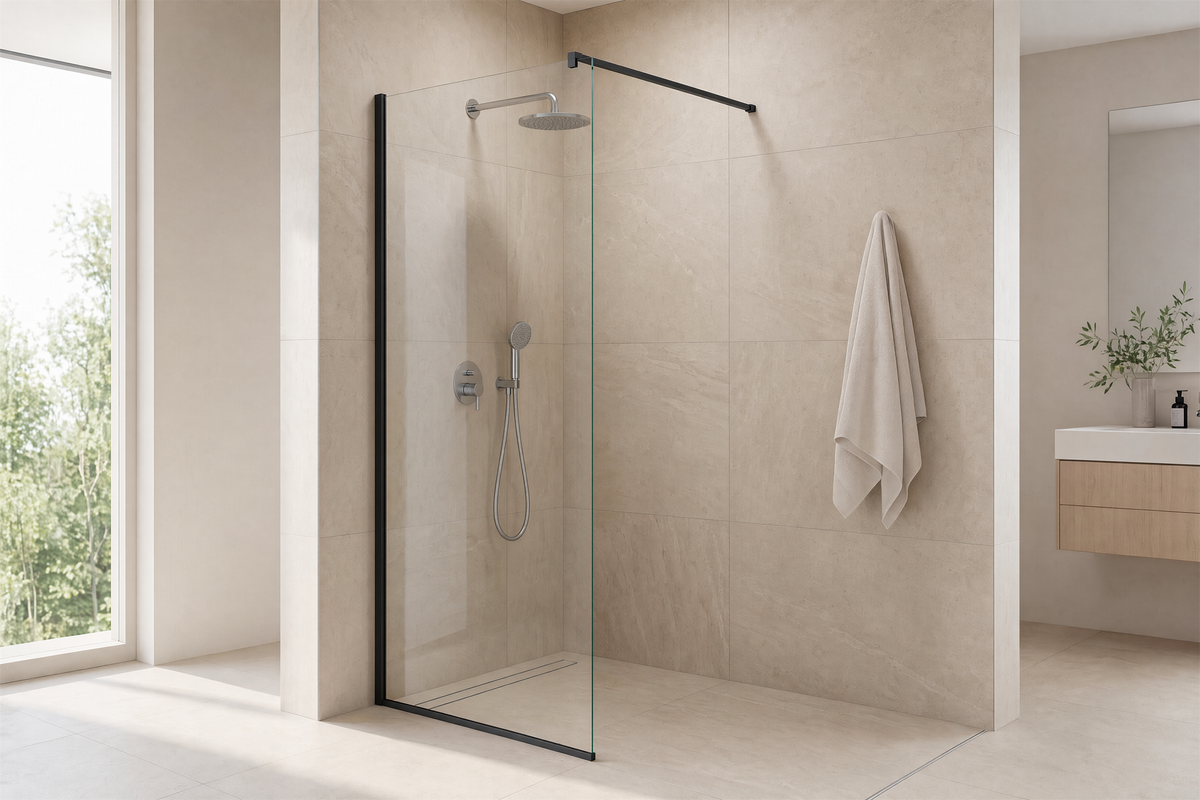 Match Walk-in Duschwand mit mattschwarzem Aluminium-Profil und klarem 6 mm ESG-Glas